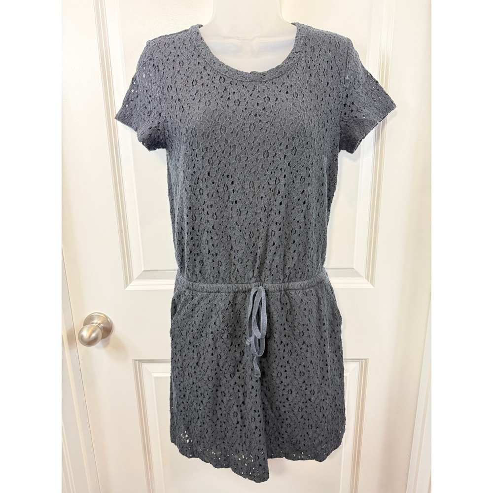 Lou & Grey Loft Black Eyelet‎ Lace Romper Short Sleeve Drawstring Waist Small S